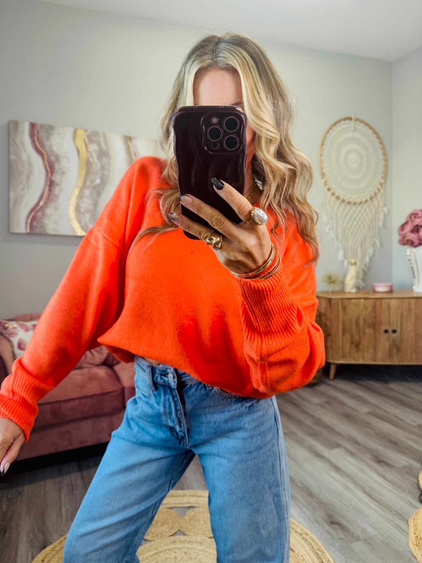 Orange Red V-Neck Sweater Top (Reg.)