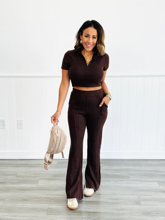 Mocha Half Zip Top & Flare Pants Set (Reg)