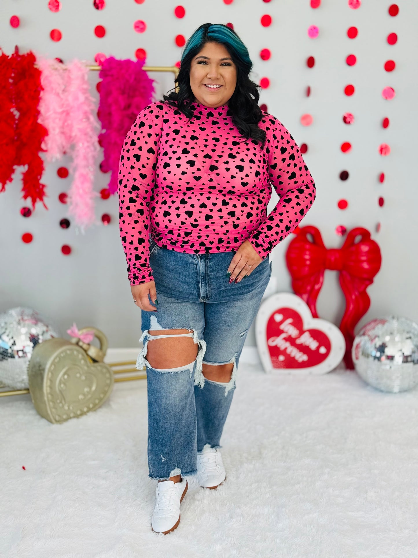 Hot Pink Velvet Heart Mesh Top (Reg. & Plus)