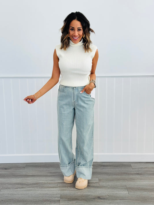 Denim-White Striped Wide Leg Pants (Reg & Plus)