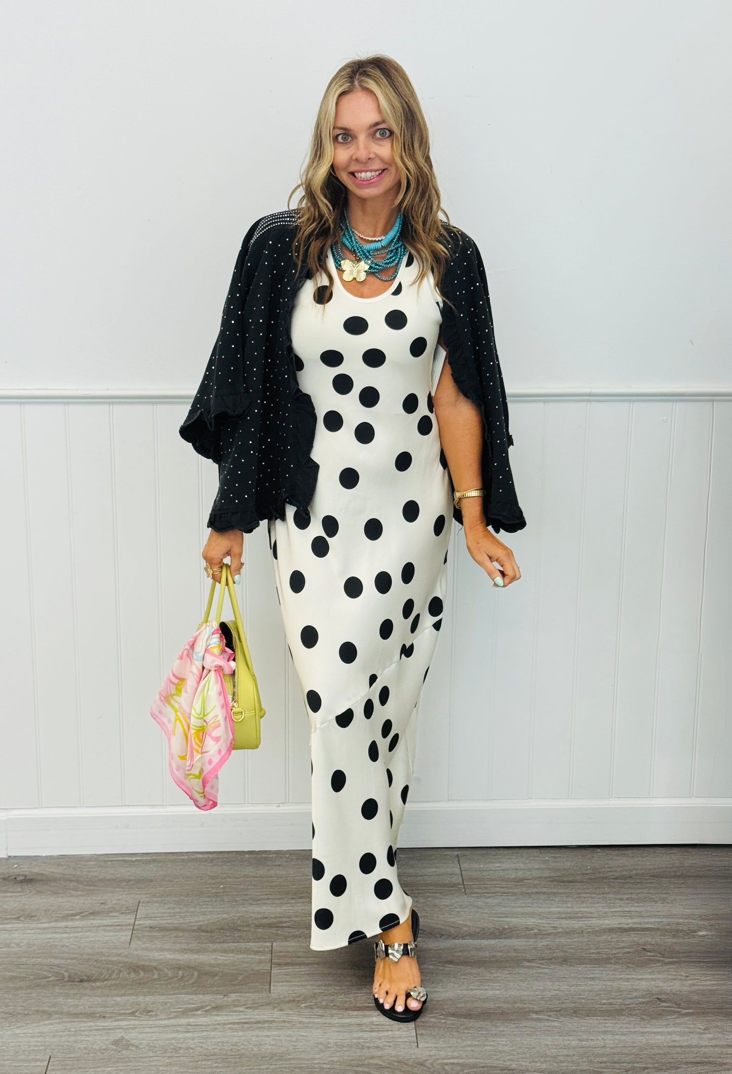 Cream Polka Dot Satin Maxi Dress (Reg.)