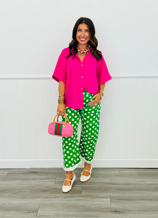 Kelly Green Polka Dot Drawstring Barrel Pants (Reg.)