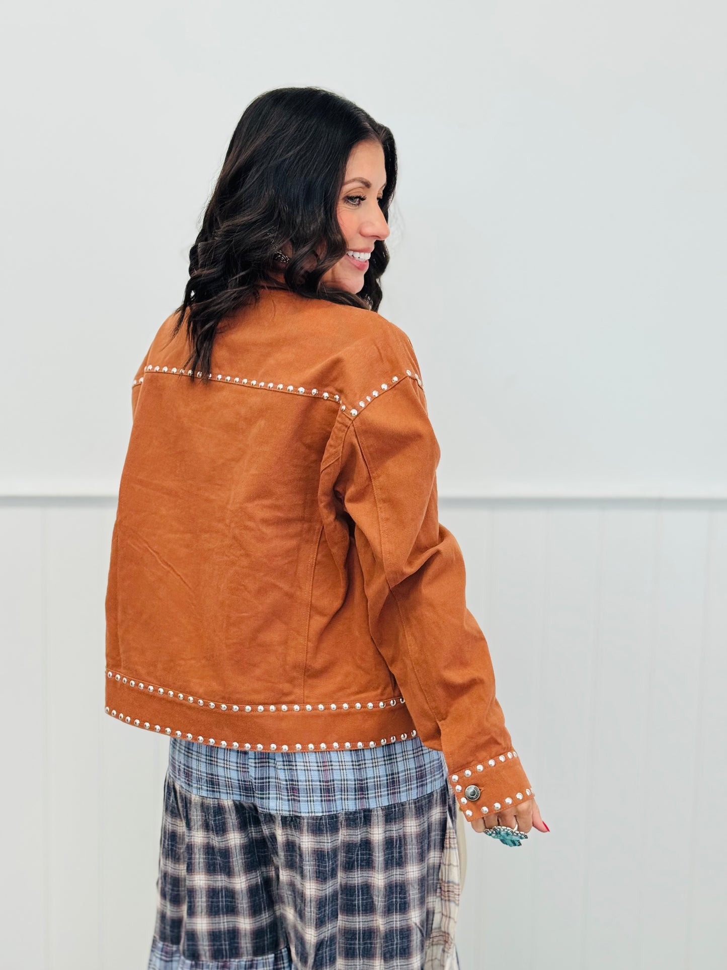 Clay Brown Denim Flower Studded Jacket (Reg.)