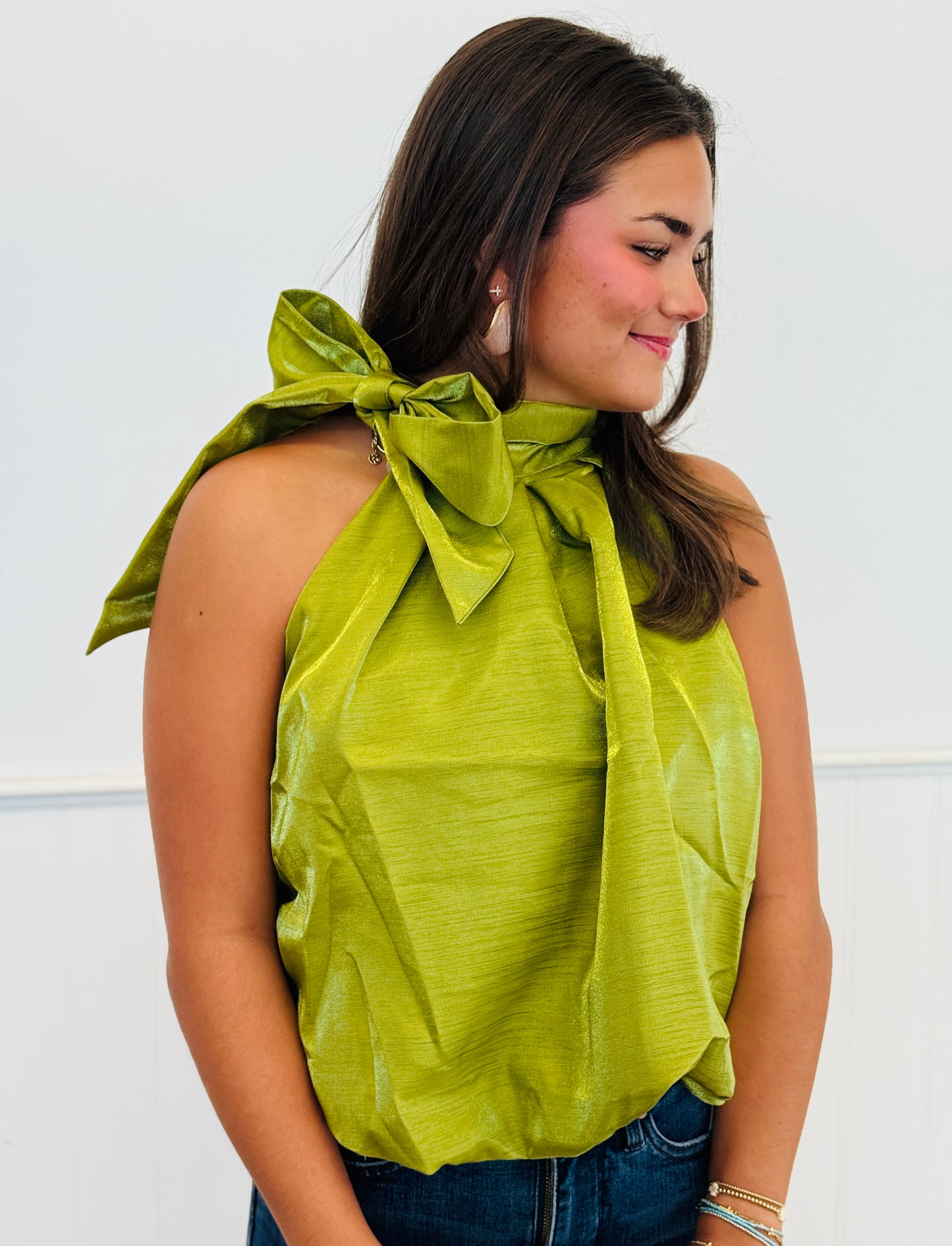 Olive High Neck Tie Wrap Balloon Blouse (Reg.)