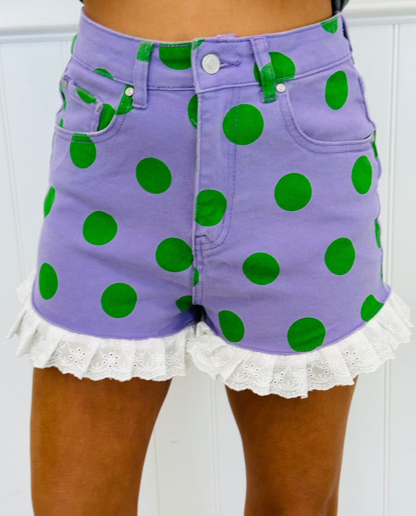 Purple Polka Dot Denim Ruffle Shorts (Reg.)