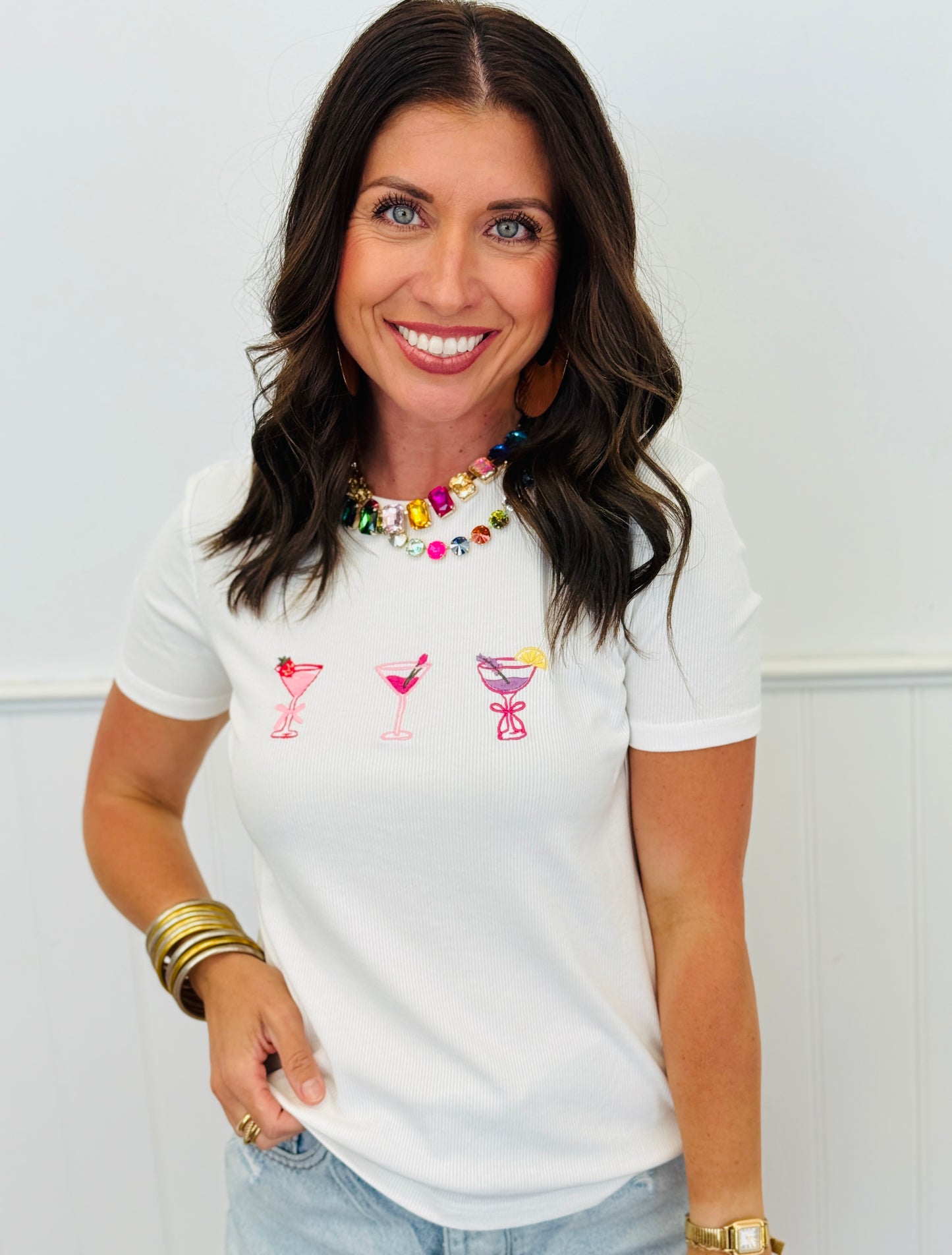 White Embroidered Cocktails Tee Top (Reg.)