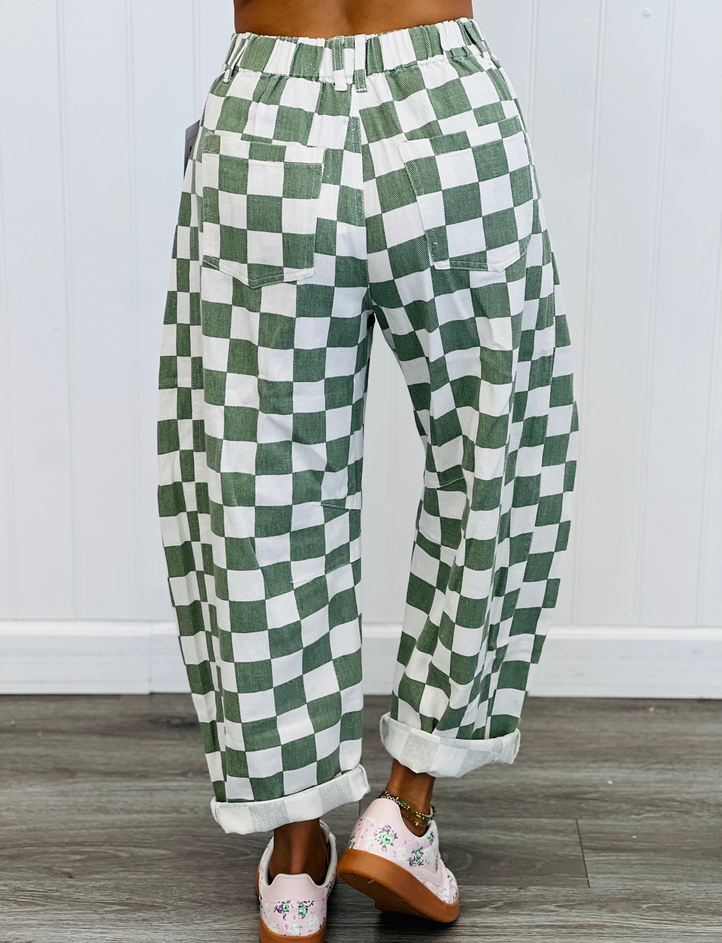 Sage Checkered Print Denim Barrel Pants (Reg & Plus)