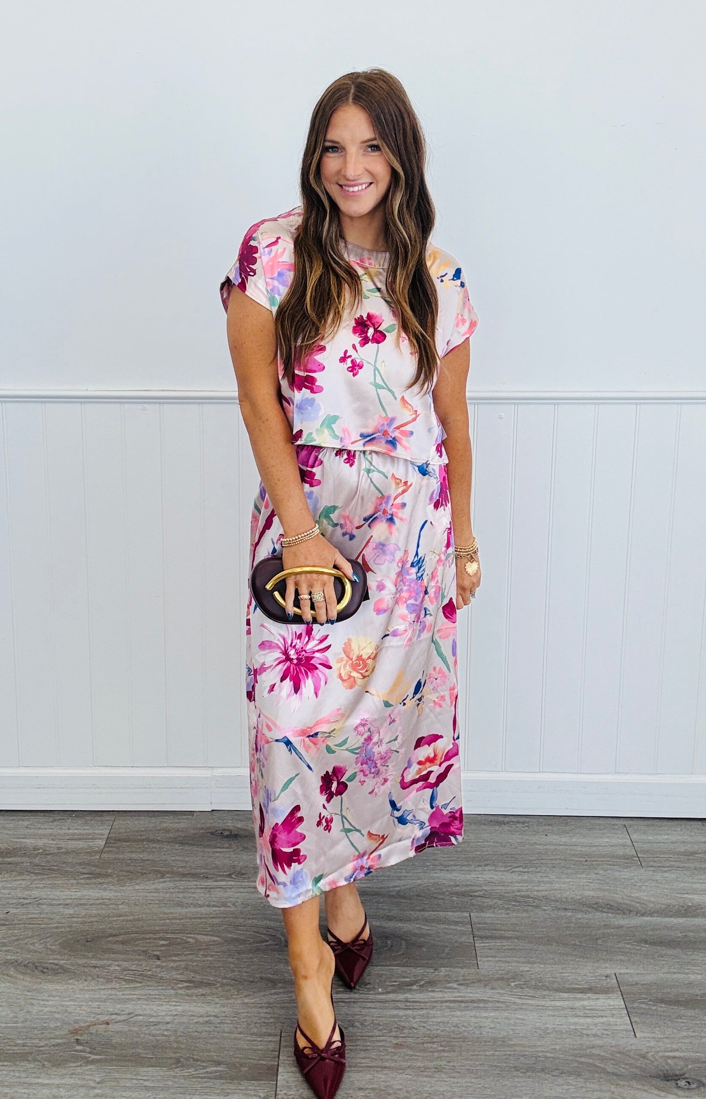 Champagne/Magenta Floral Satin Slip On Midi Skirt (Reg. and Plus)