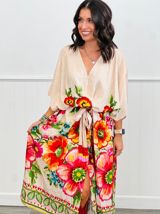 Ecru Giant Floral Print Wrap Duster (OS & Plus)