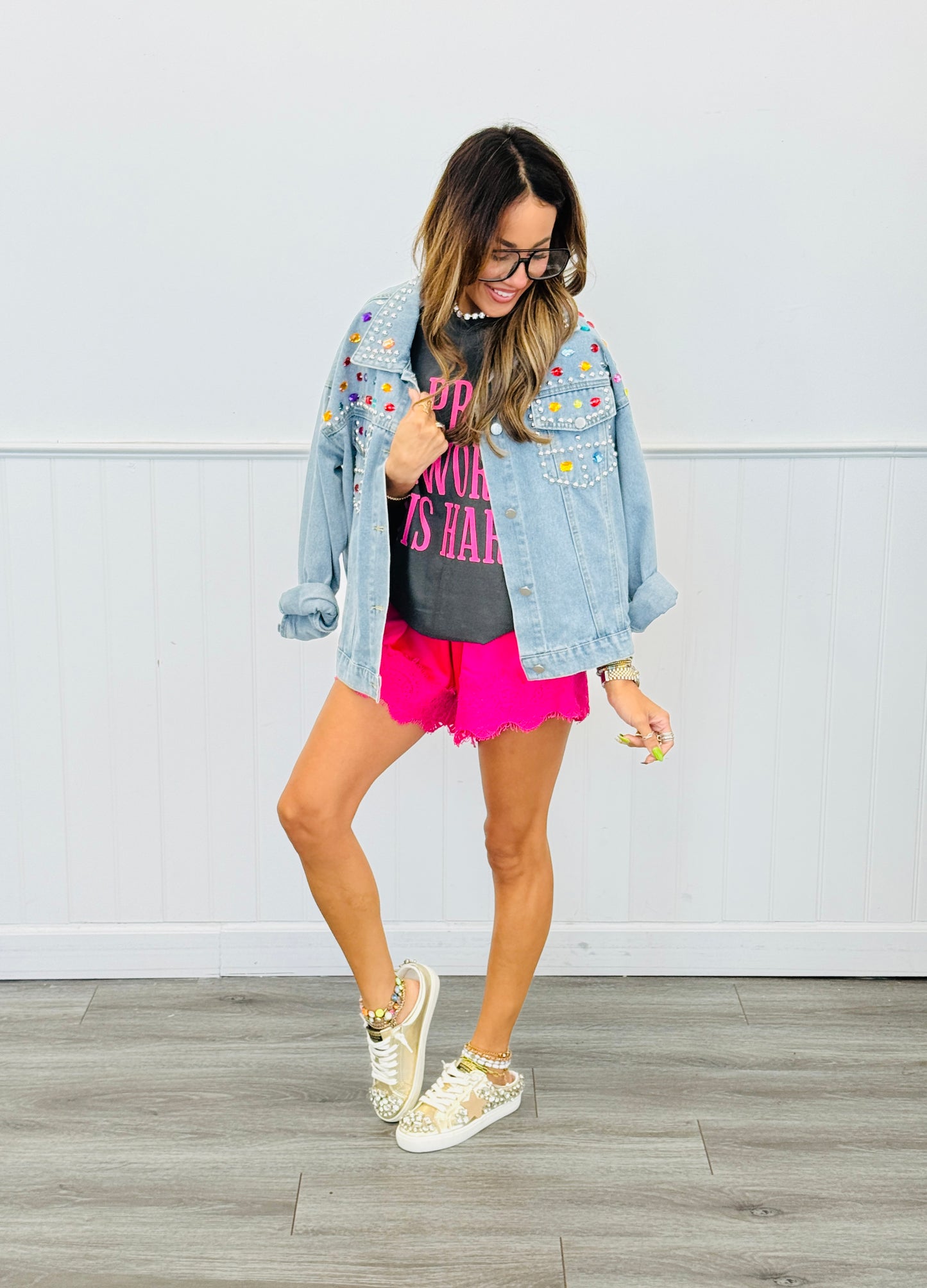 Hot Pink Lace Hem Satin Shorts (Reg.)