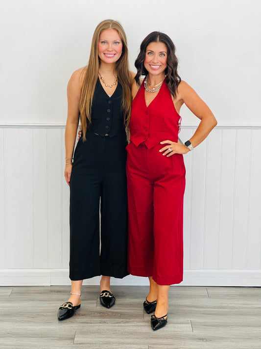 Twill Vest Open Back Jumpsuit (Reg)-2 Colors
