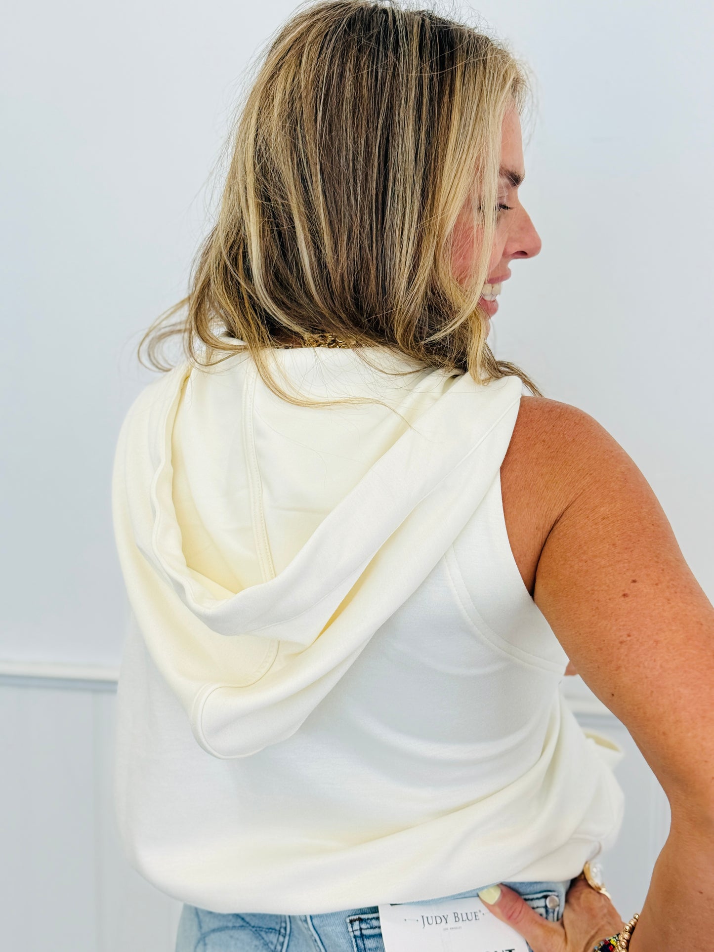 Off White Sleeveless Hooded Cardigan (Reg. and Plus)