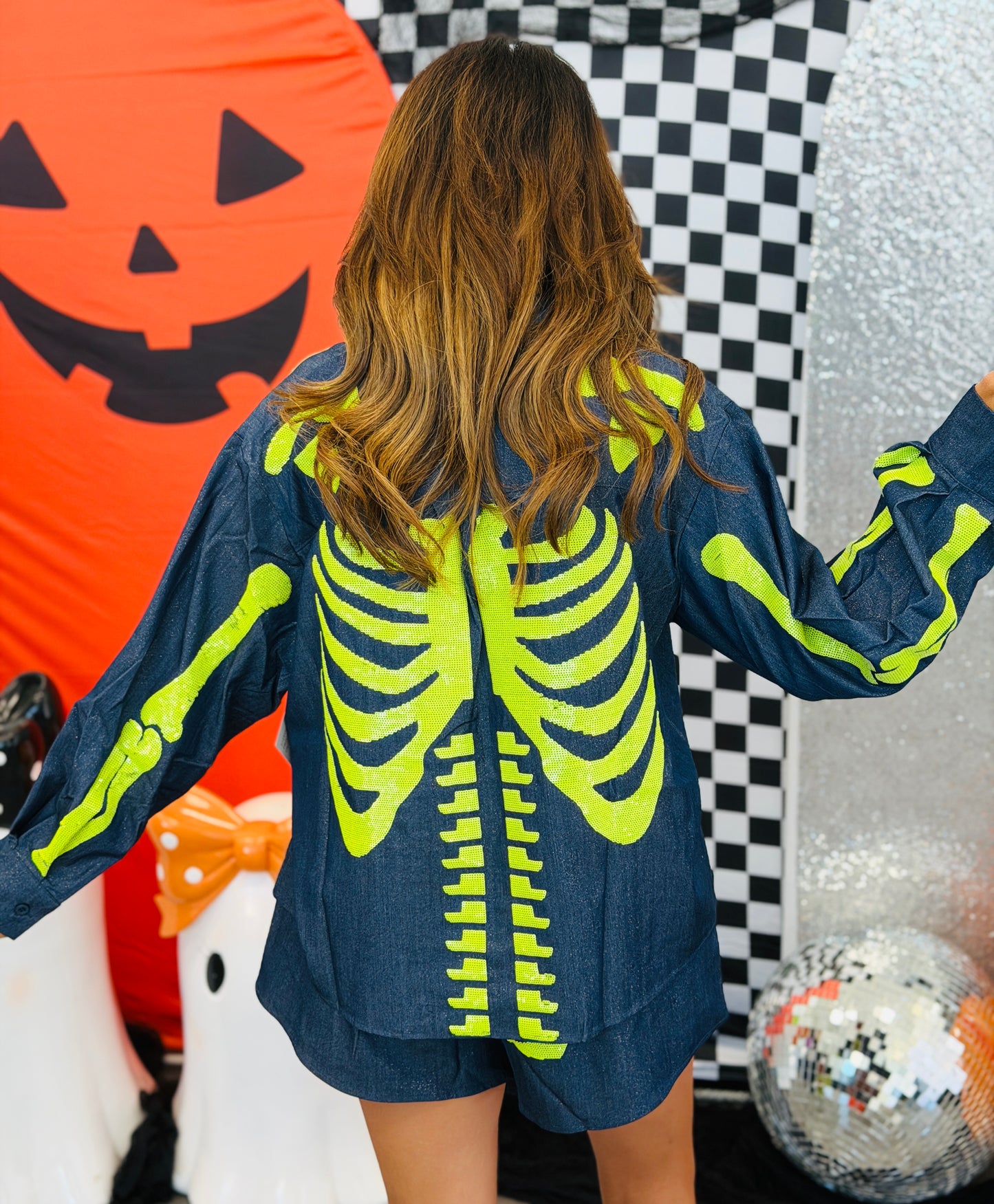 Queen Of Sparkles Dark Denim & Neon Green Skeleton Button Up Top (Reg. and Plus)