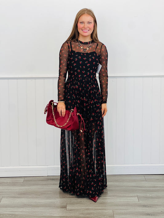 Black Cherry Print Mesh Maxi Dress (Reg & Plus)