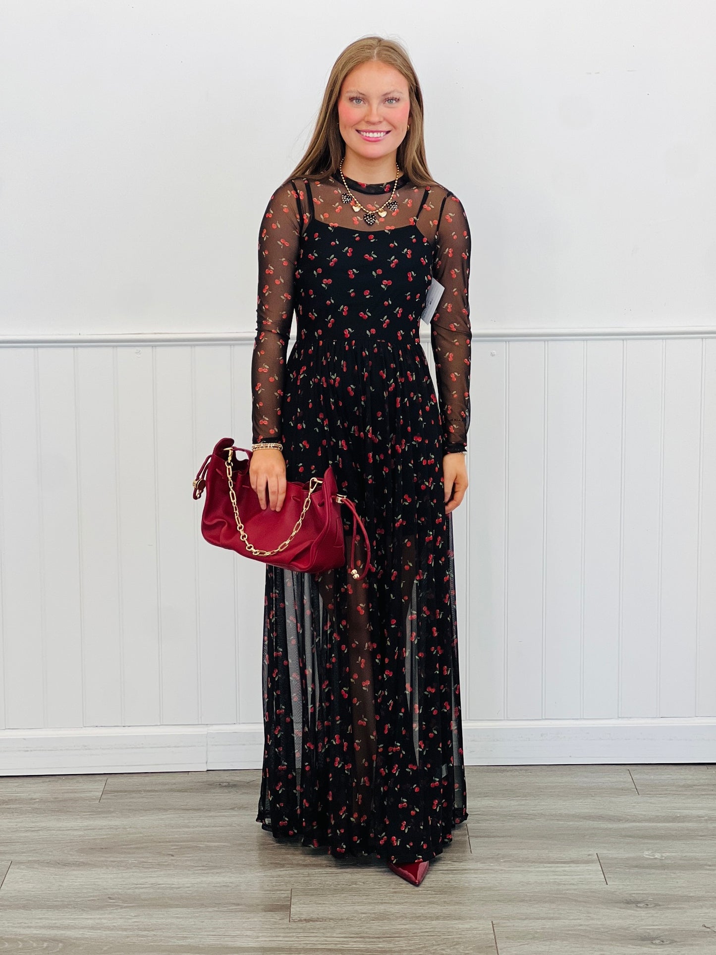 Black Cherry Print Mesh Maxi Dress (Reg & Plus)