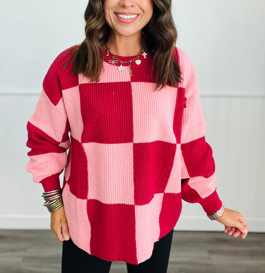 Red/Pink Checkered Pullover Sweater (Reg)