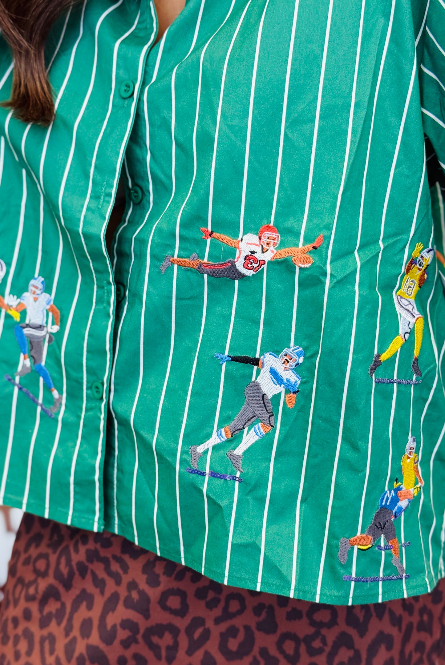 Queen Of Sparkles Green Striped Football Player Button Up Top (Reg. and Plus)