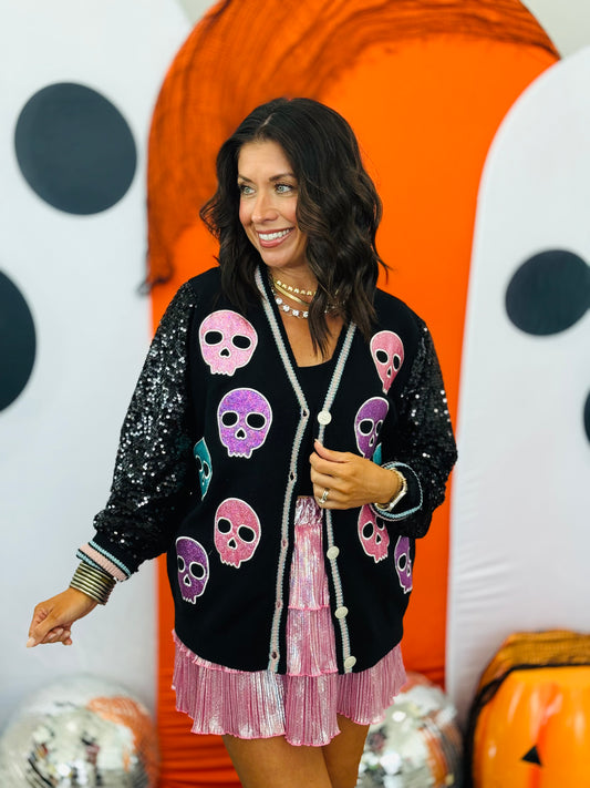 Black Glitter Skulls Sequin Sleeves Cardigan (Reg. and Plus)