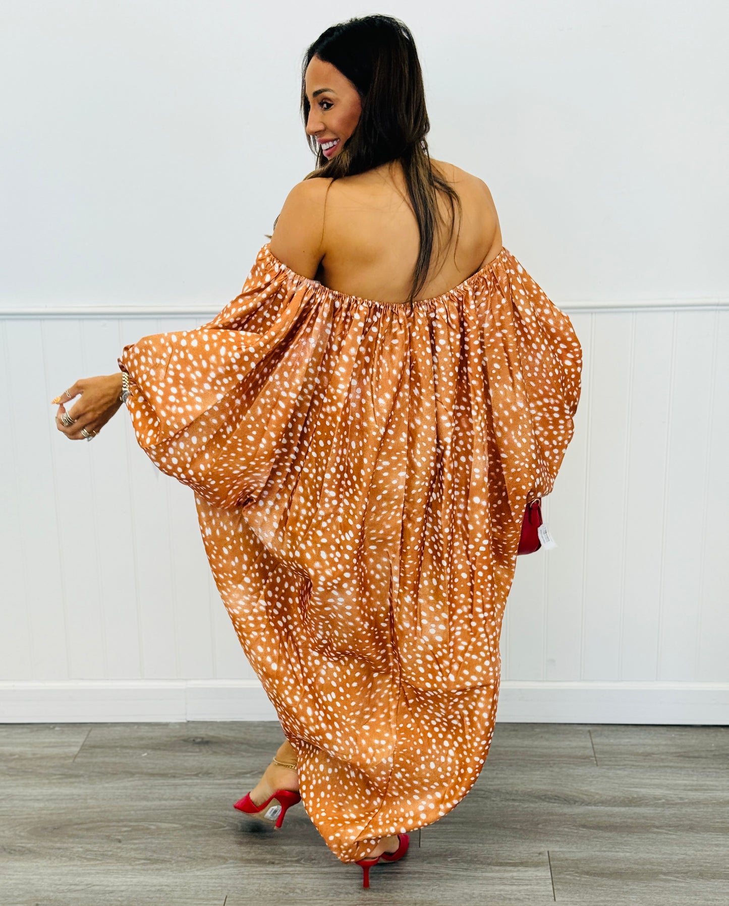 Deer Print High Low Bubble Sleeve Top (Reg. and Plus)