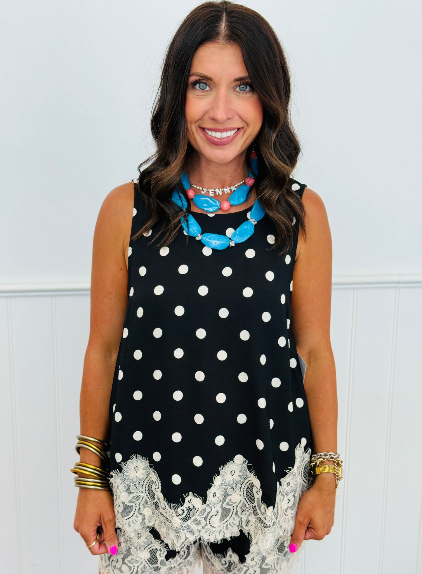 Sleeveless Scallop Lace Trim Polka Dot Top (Reg.) - 2 Colors