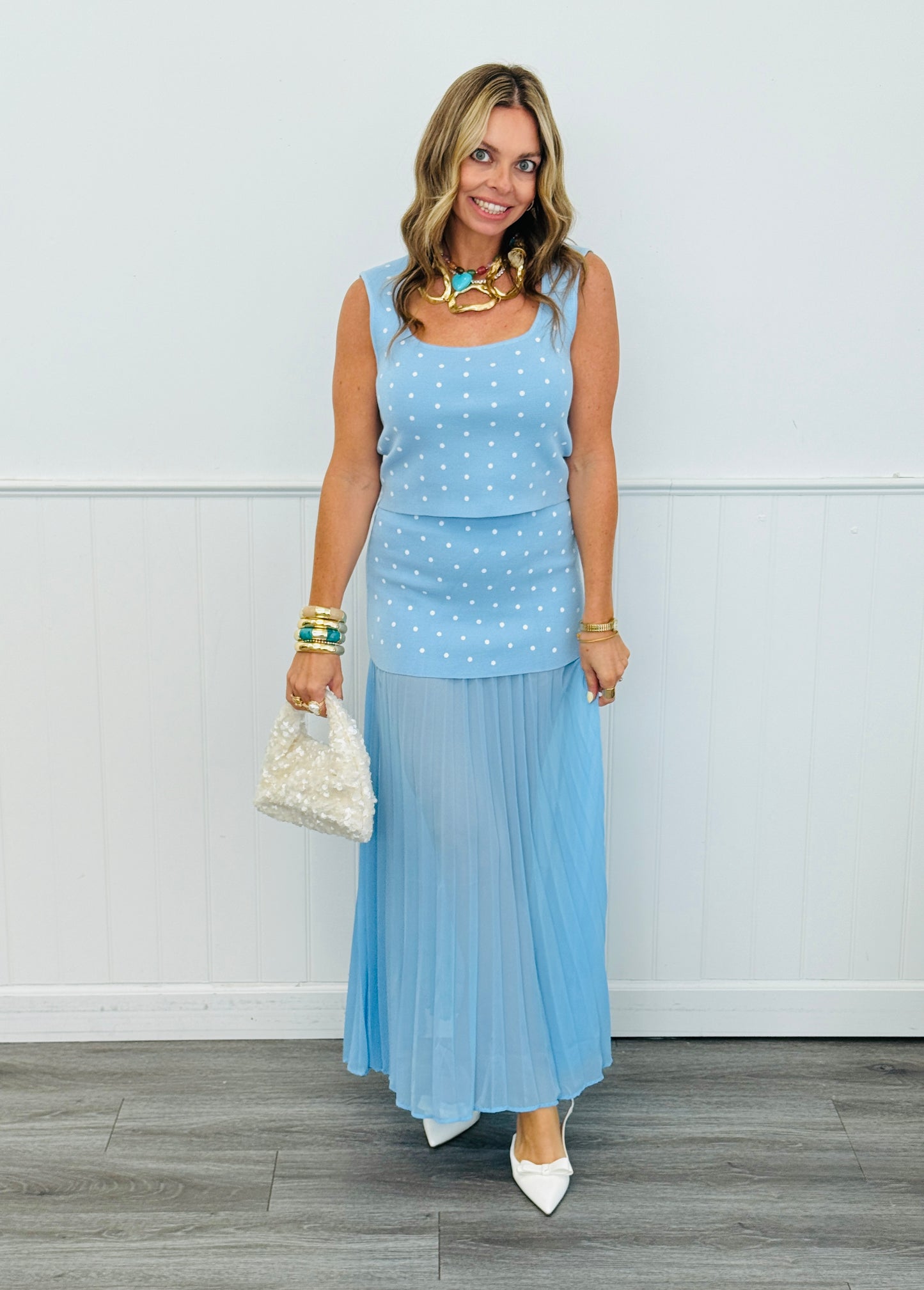 Light Blue Polka Dot Top & Maxi Skirt Set (Reg.)