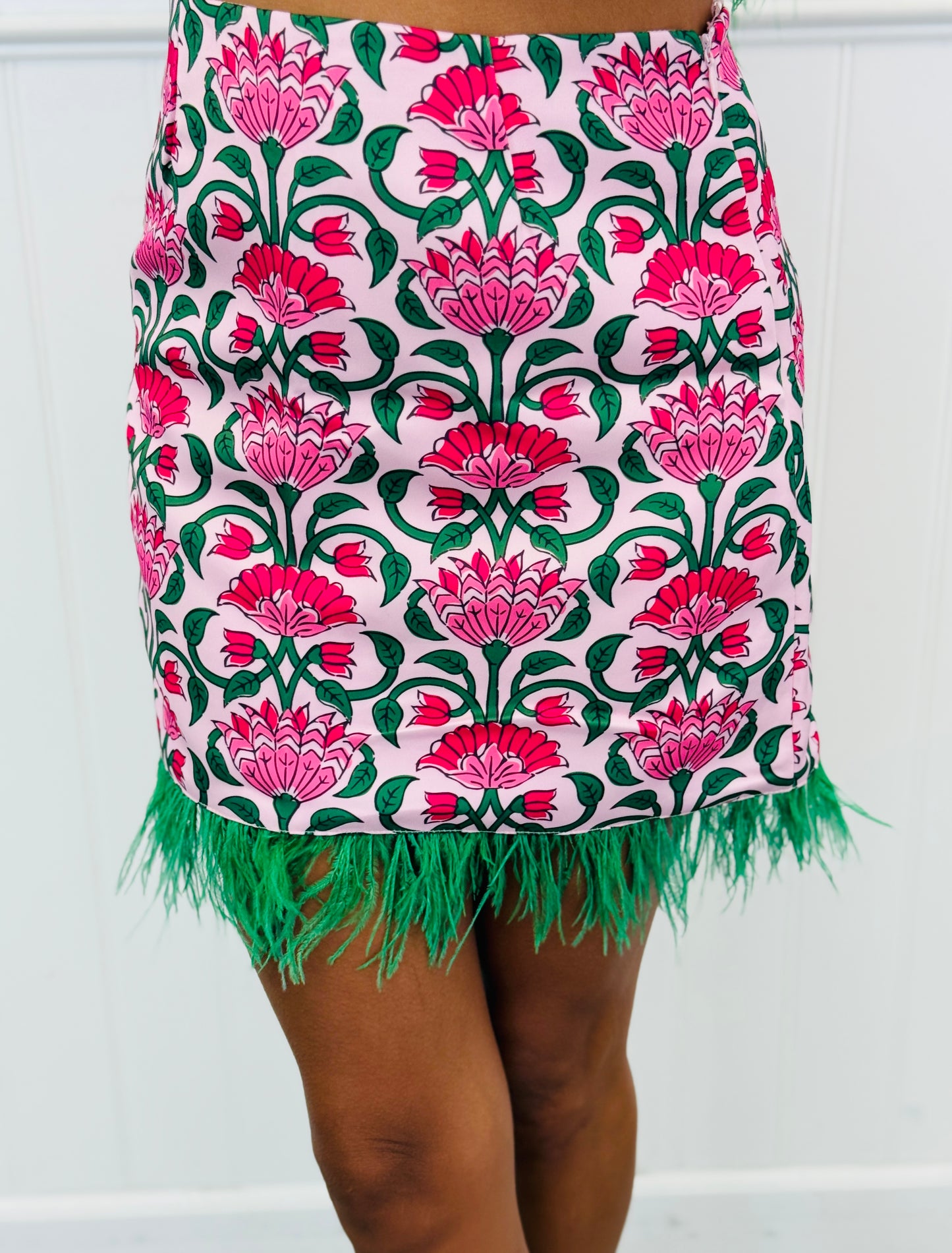 Pink Floral Print Feather Trim Mini Skirt (Reg.)