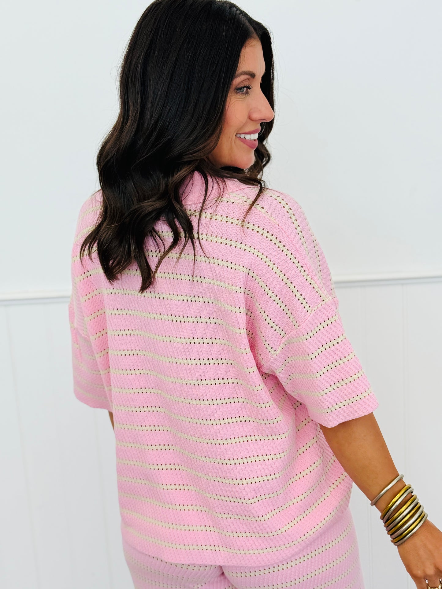 Pink Textured Stripe Top & Pant Set (Reg.)
