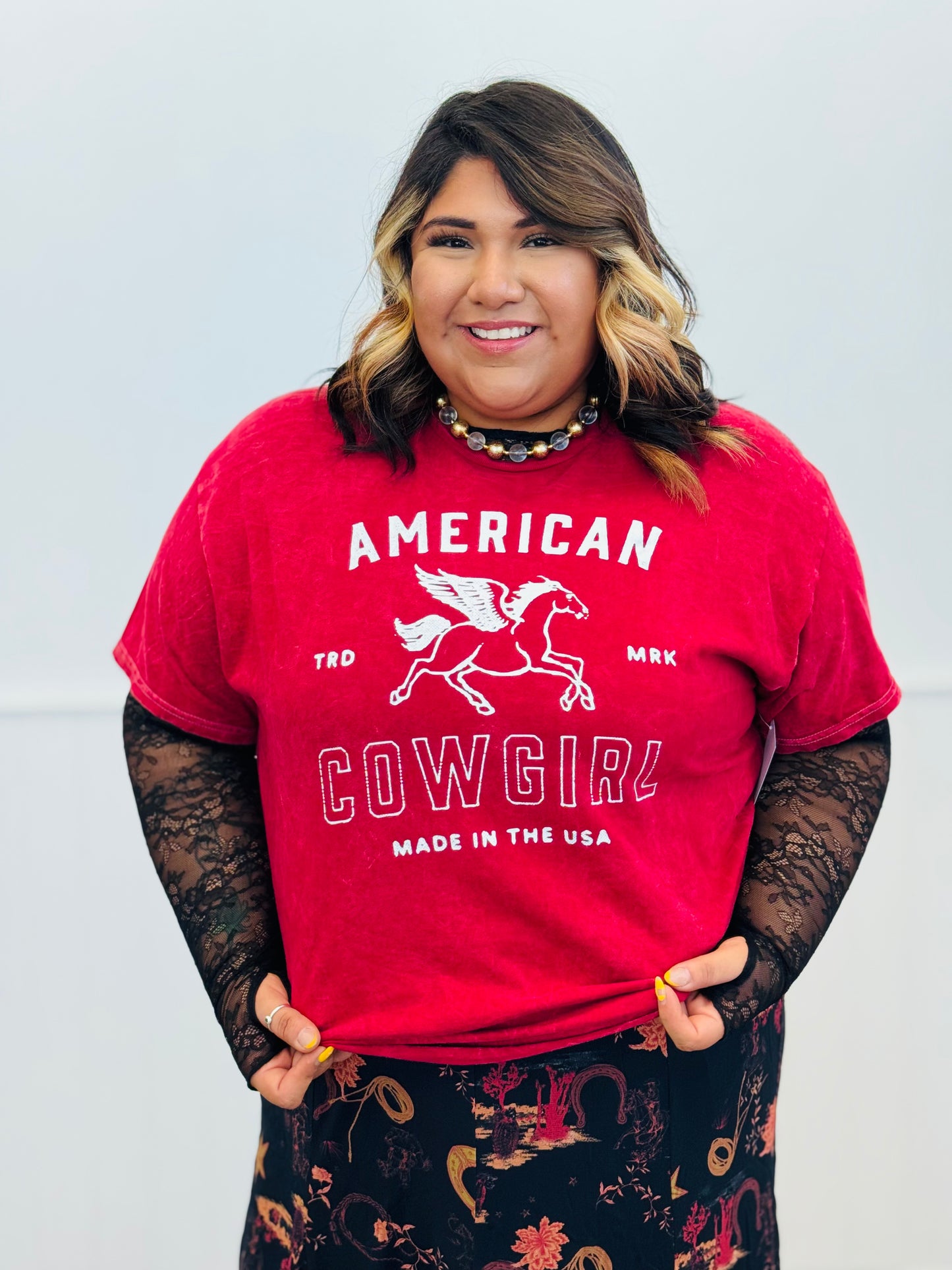 Red American Cowgirl Mineral Washed Tee (Reg. and Plus)