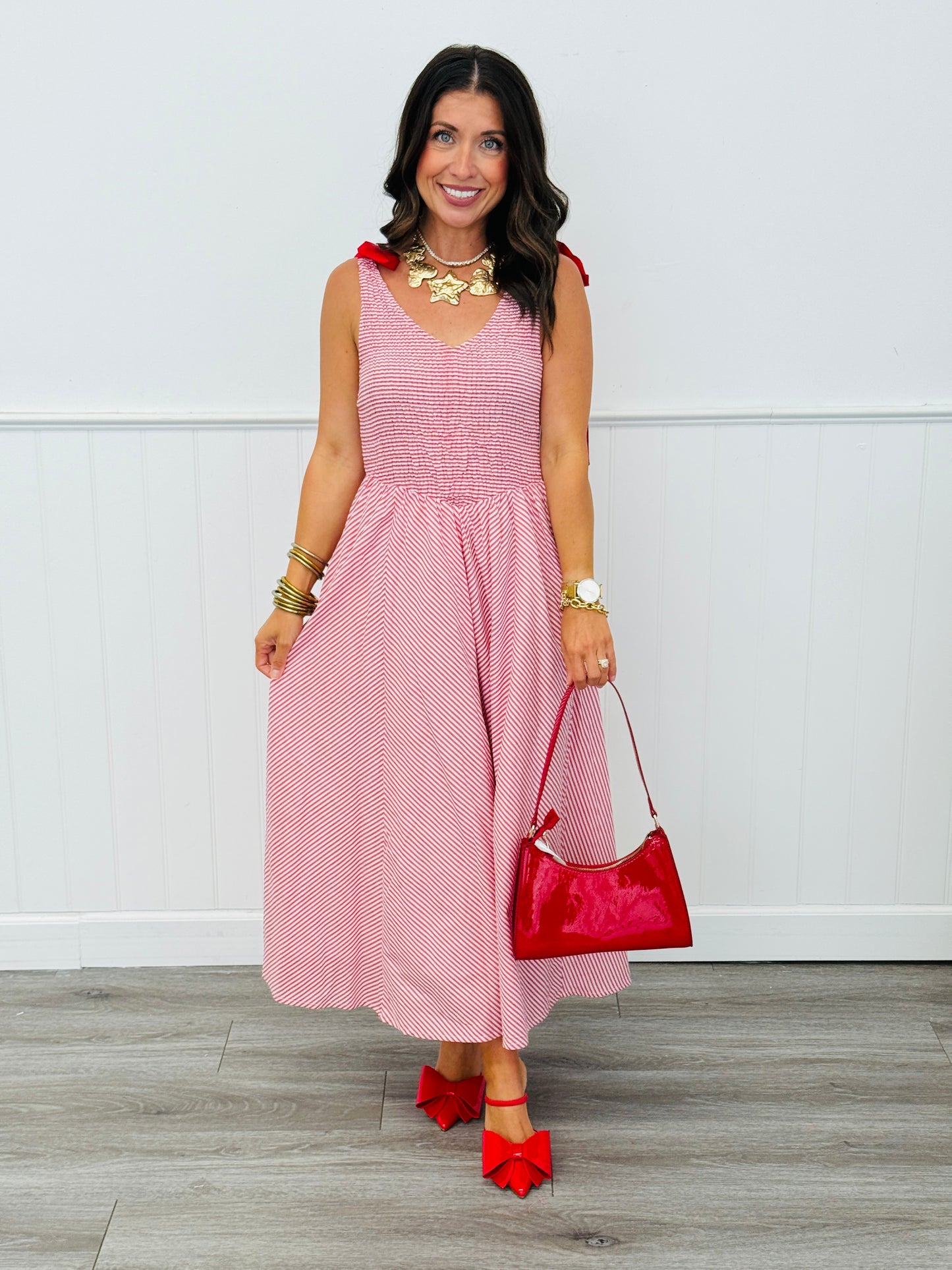 Red Striped Tie Strap Midi Dress (Reg & Plus)