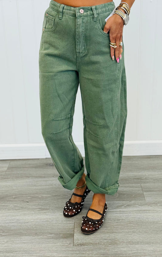 Olive Denim Barrel Pants (Reg.)