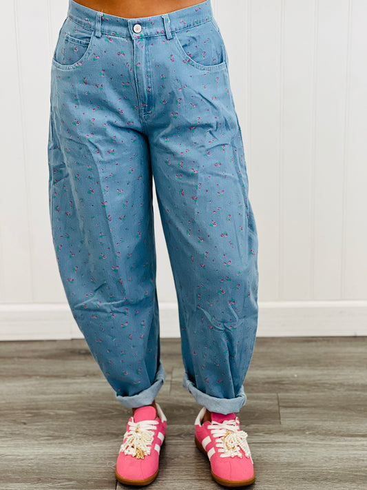 Light Denim Print Barrel Pants (Reg & Plus)