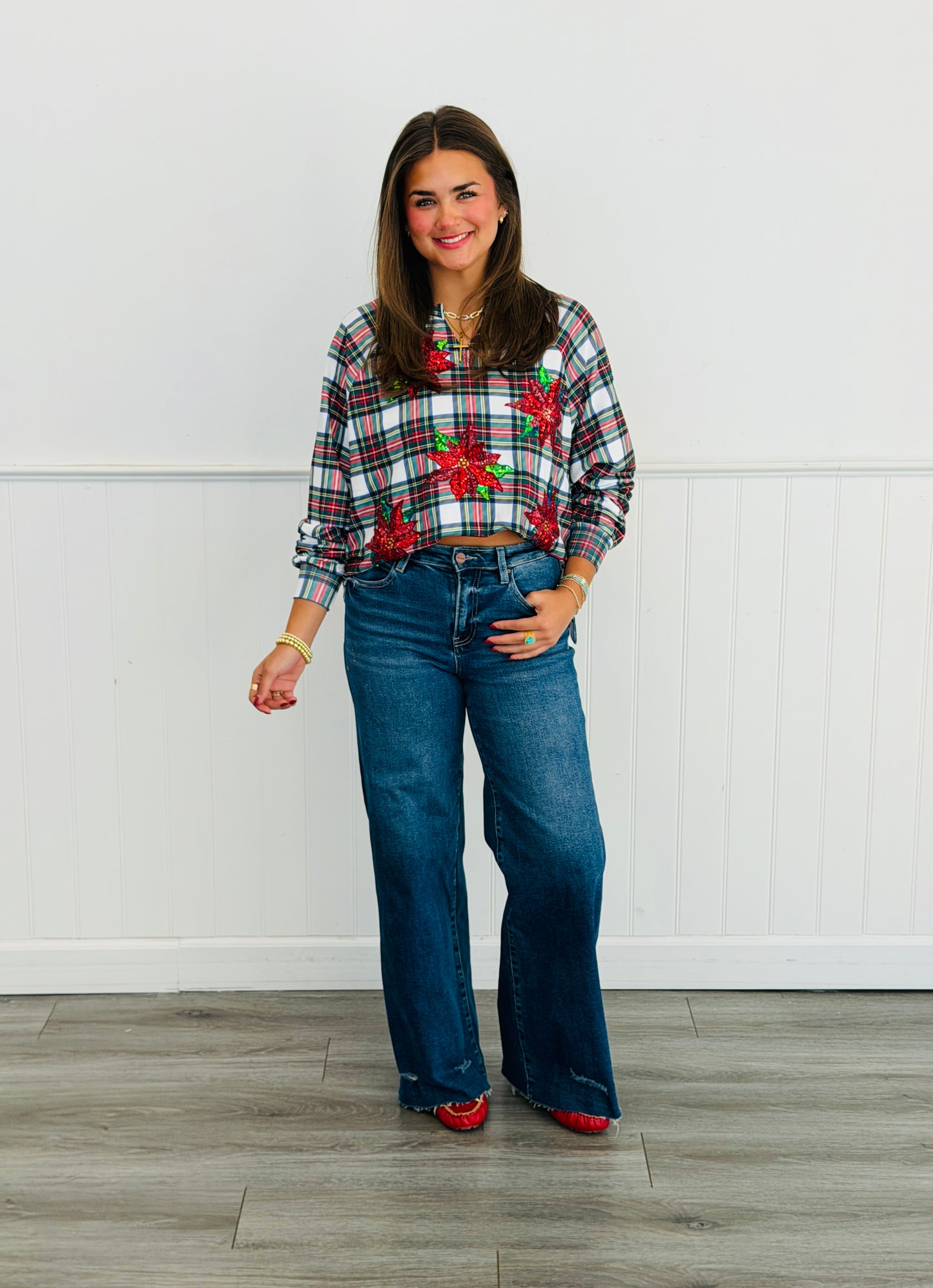 Plaid Poinsettia French Terry Pullover (Reg. and Plus)