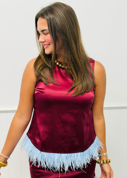 Burgundy Satin Sleeveless Feather Trim Blouse (Reg.)