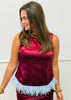 Burgundy Satin Sleeveless Feather Trim Blouse (Reg.)