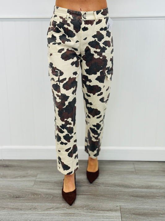 Cream Cow Print Cargo Pants (Reg.)