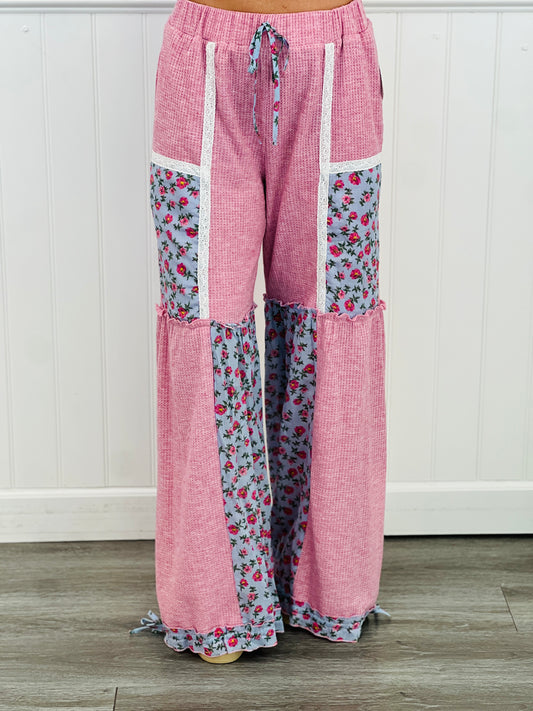 Pink Mutli Waffle Knit Floral Detailed Pants (Reg. and Plus)