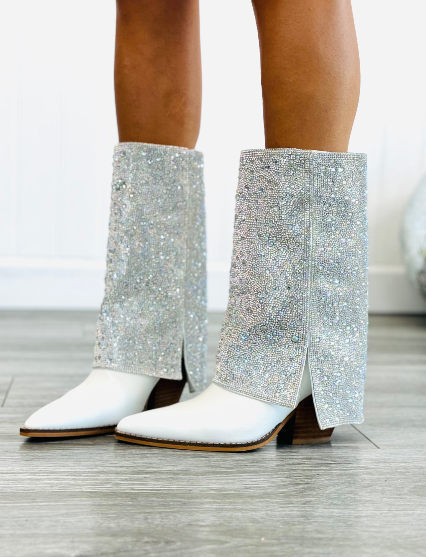 White/Silver Take On The Day Rhinestone Boots