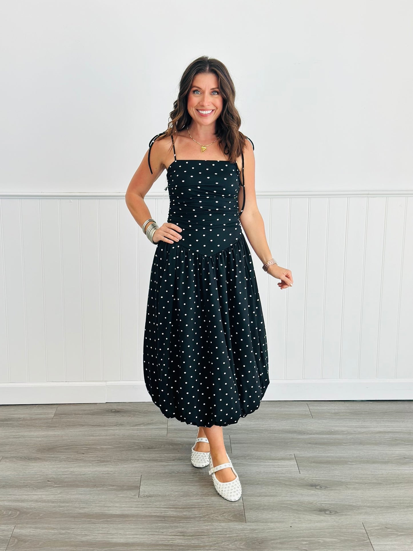 Black Polka Dot Balloon Midi Dress (Reg.)