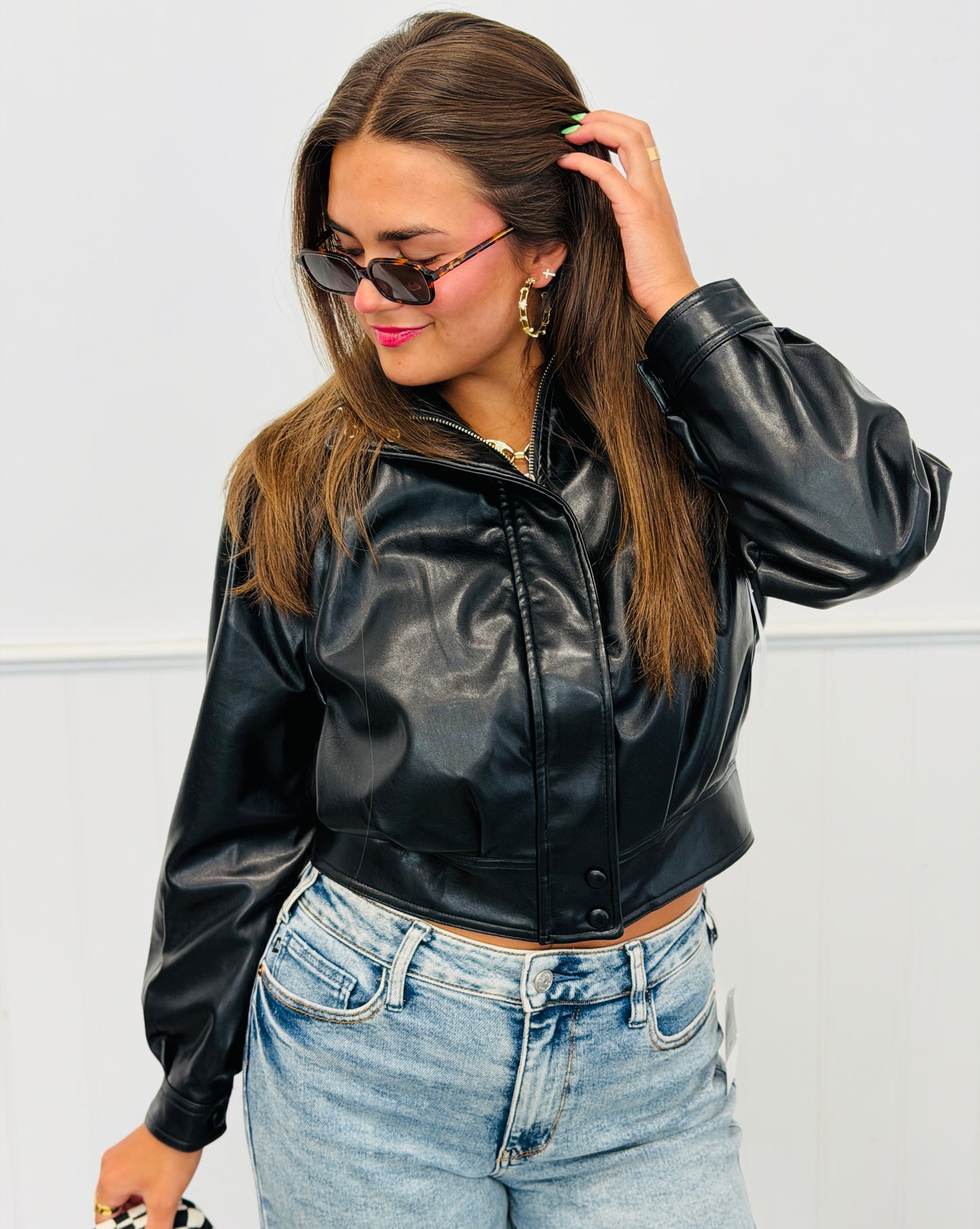 Black Faux Leather Bomber Jacket (Reg.)