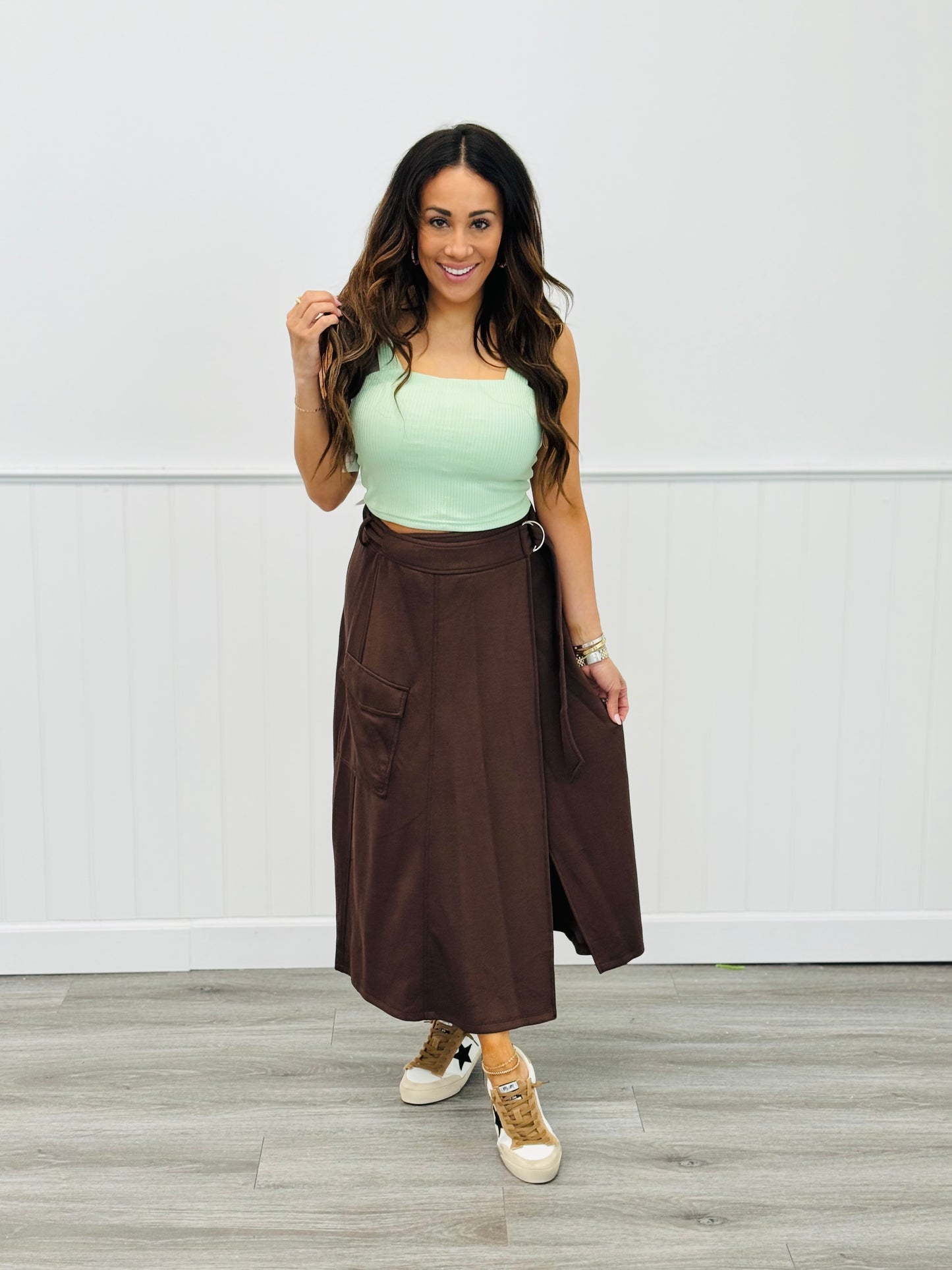 Ash Brown Belted Cargo Wrap Midi Skirt (Reg. and Plus)