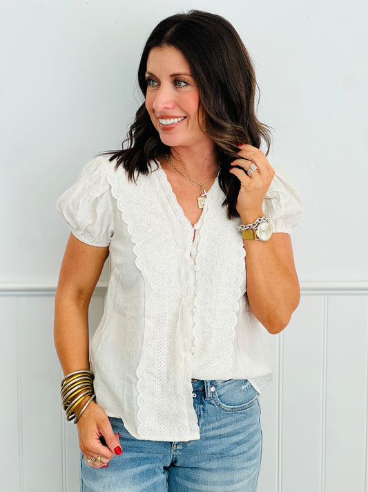 White Eyelet Trim Button Down Blouse (Reg. and Plus)