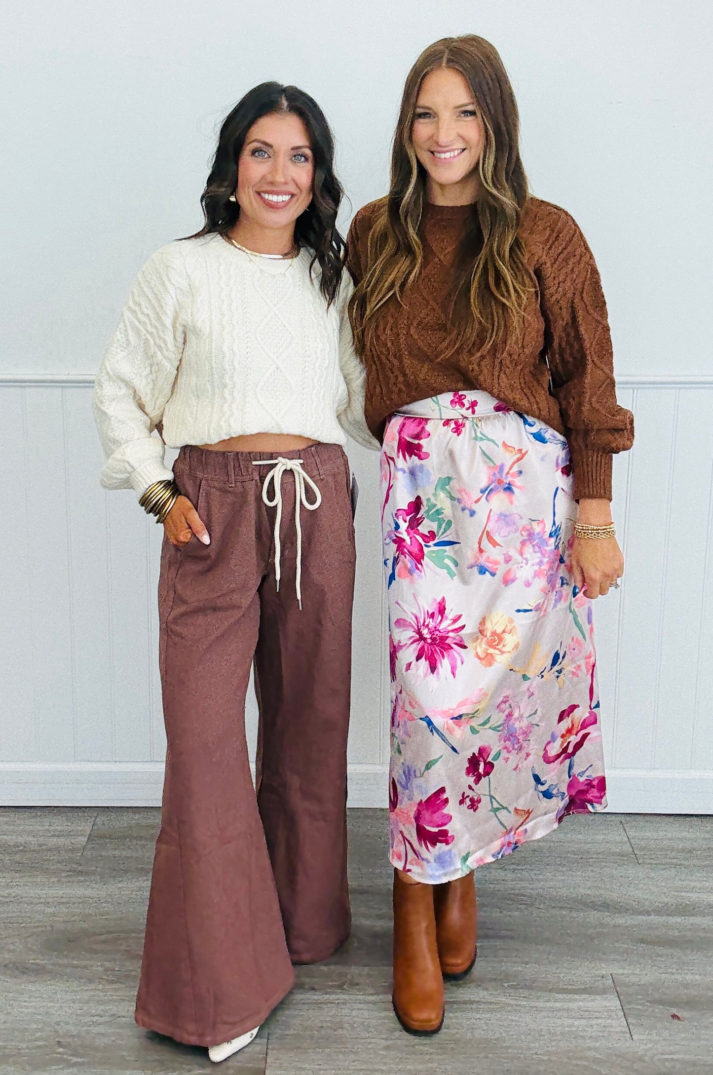 Champagne/Magenta Floral Satin Slip On Midi Skirt (Reg. and Plus)