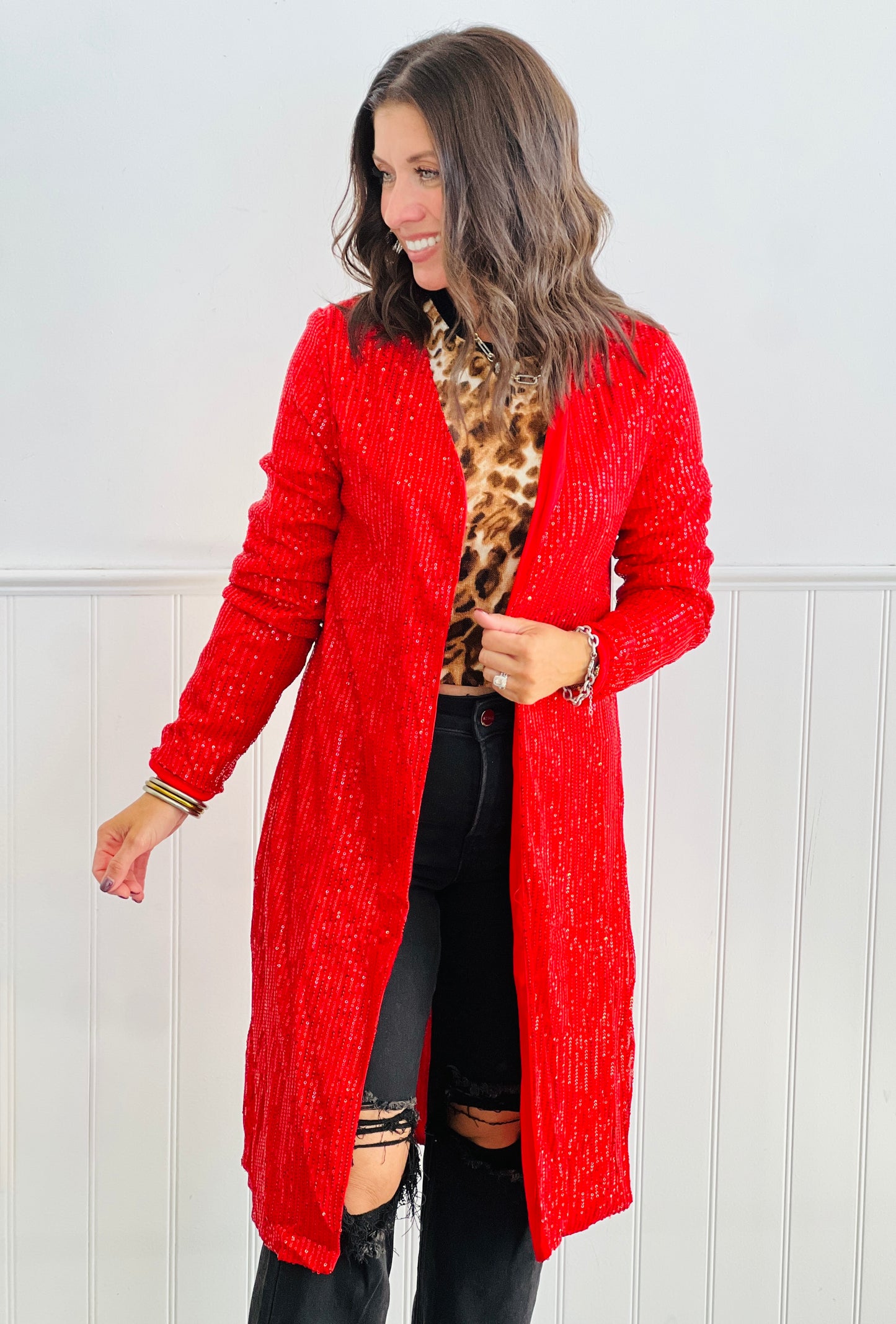 Shimmering Sequin Longline Cardigan (Reg & Plus)-3 Colors