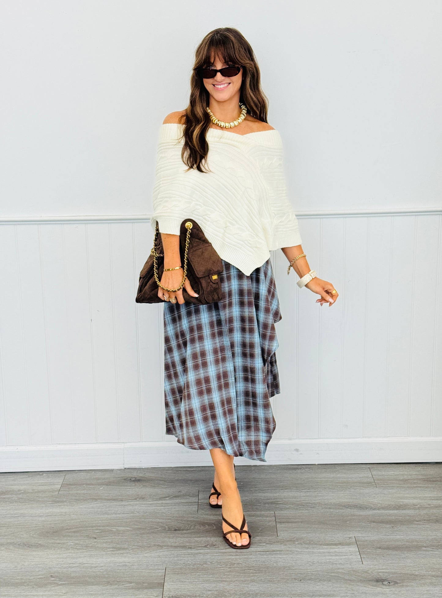 Brown/Blue Combo Plaid Wrap Midi Skirt (Reg & Plus)