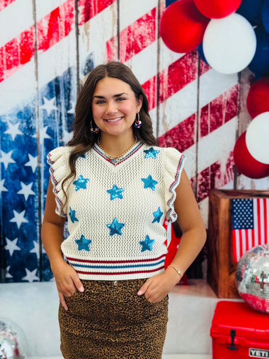 Cream Sequin Stars Patches Open Knit Top (Reg. & Plus)