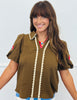 Brown Floral Embroidery Trim Blouse (Reg.)