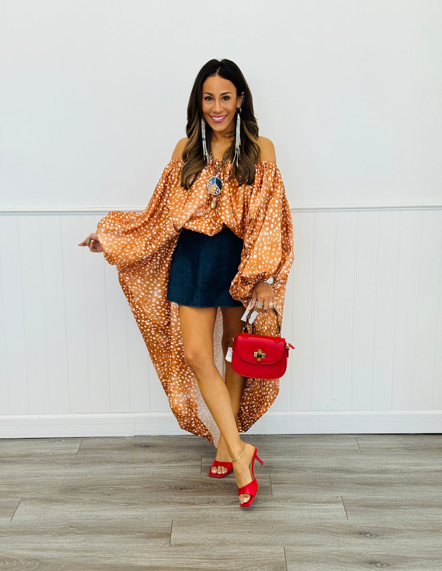 Deer Print High Low Bubble Sleeve Top (Reg. and Plus)