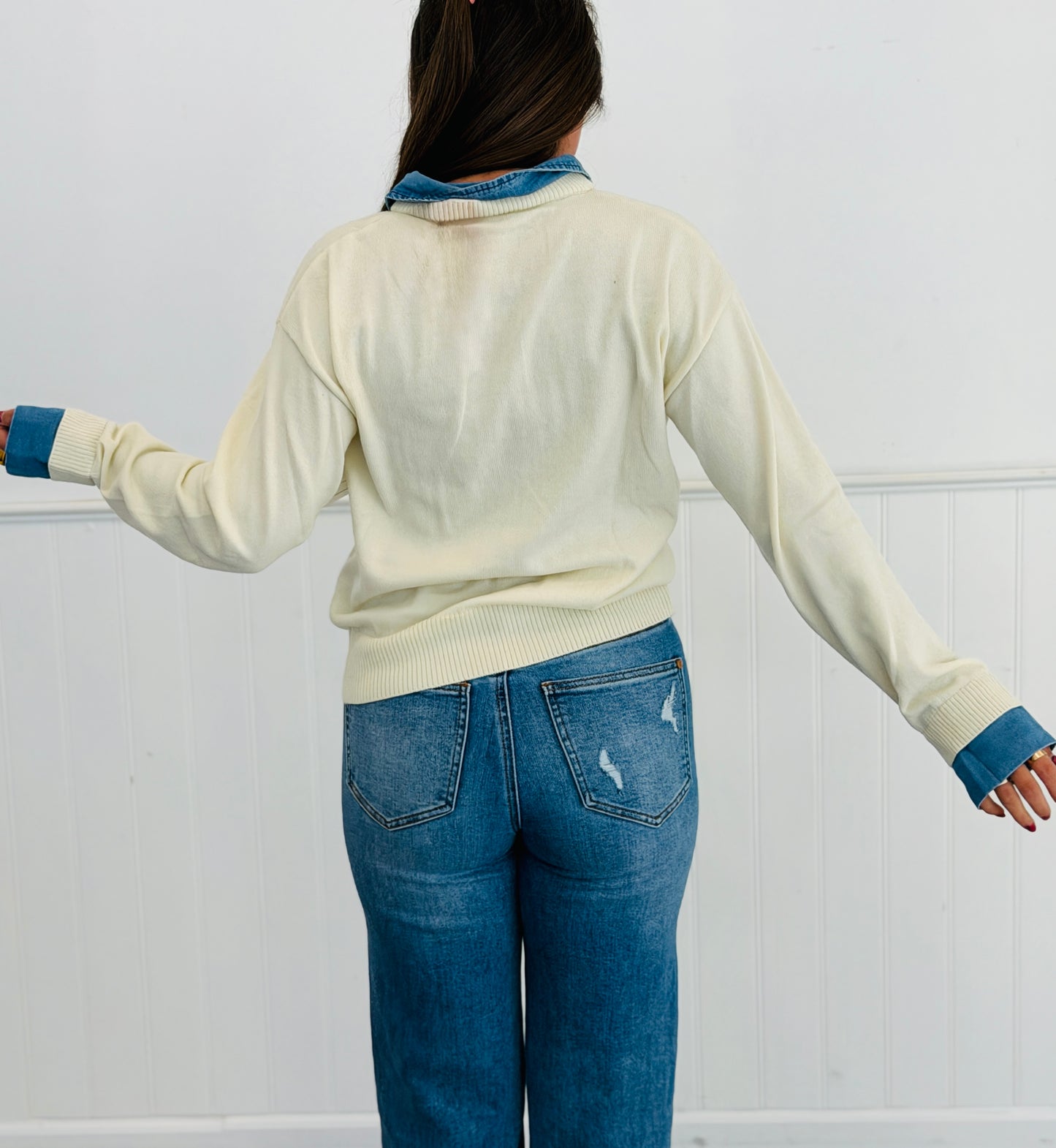 Denim Trim Knit Sweater Top (Reg. and Plus)