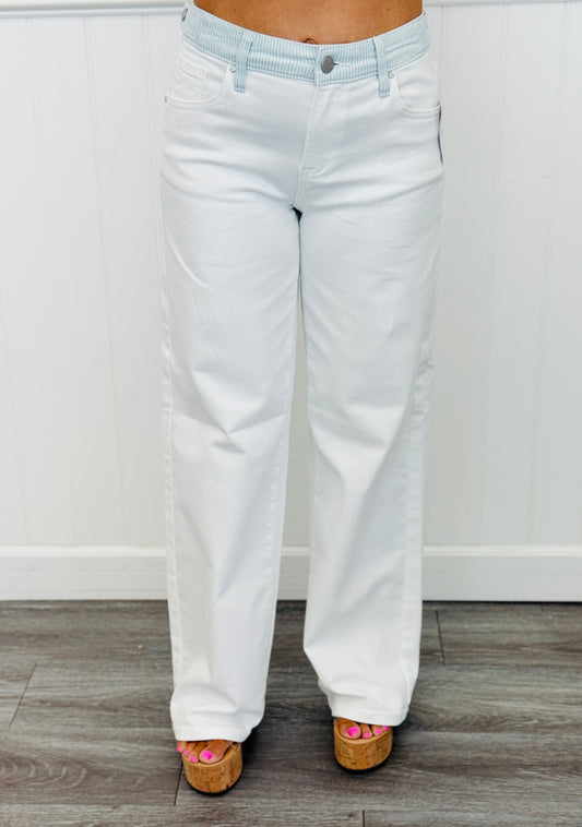 Risen White Casual Contrast Waistband Jeans (Reg.)