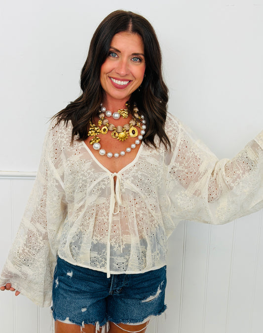 Ivory Eyelet Embroidered V-Neck Top (Reg. and Plus)
